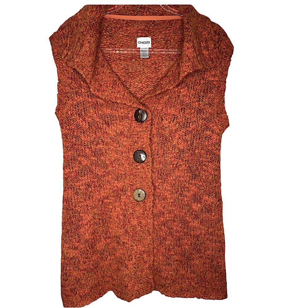 Chico's Sweater Vest Cardigan Size M Orange Sleeveless Chunky Knit Wool Blend